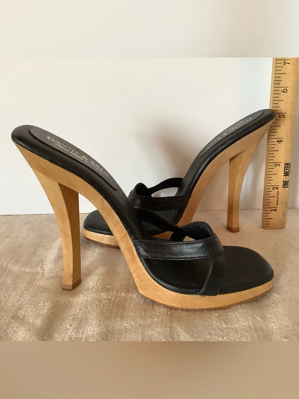 Rare Y2K USA Made Wood Leather Platform Heel Avant-Garde David & Saul. Sz 7